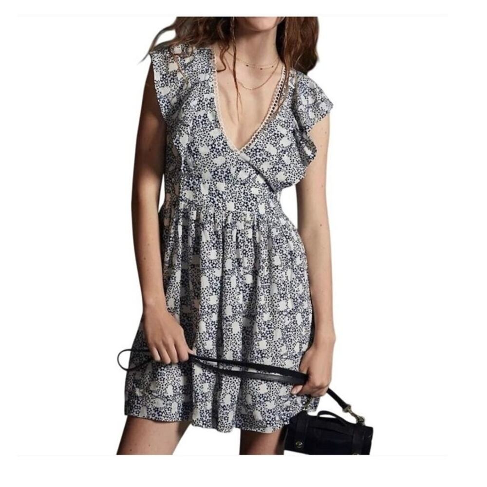Anthropologie Boho V Neck Plunge Tunic Blue Motif Garden Girl Mini Dress Size XS